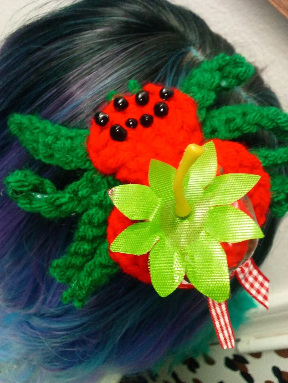 Crocheted Chocolate Covered Strawberry Themed Spider Clip